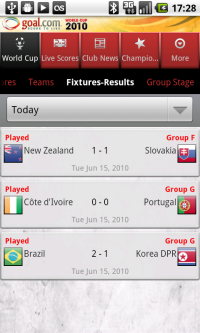 Goal.com World Cup app - Fixtures-results